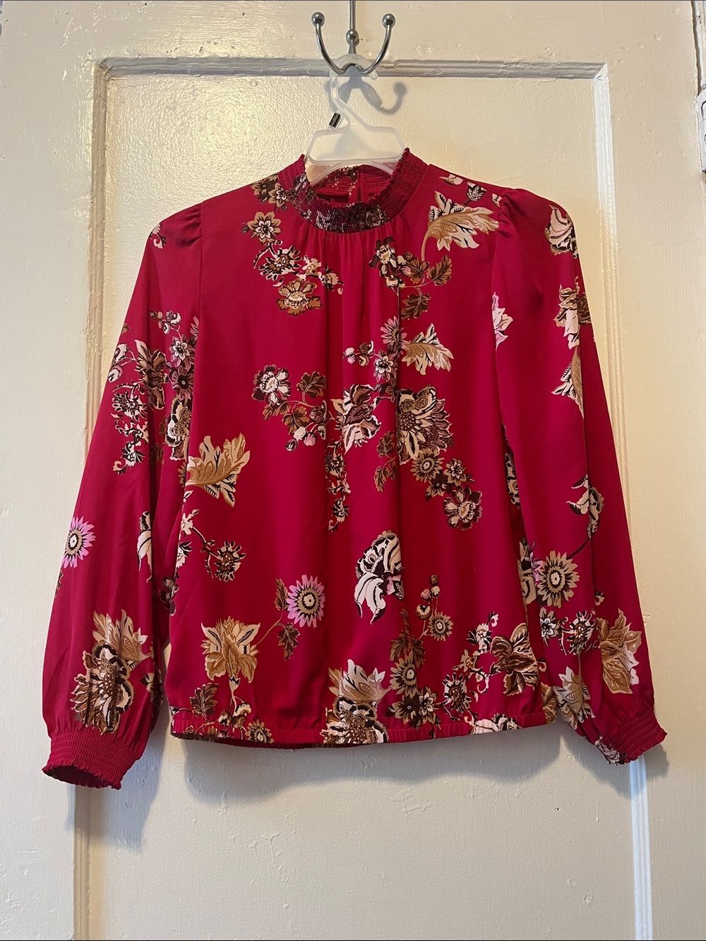 Loft Floral Smocked Neck Long-Sleeve Top - Red
